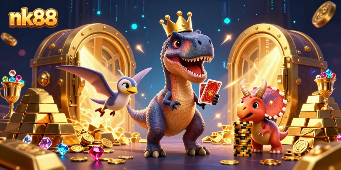 nk88 T-Rex shuffles cards with a pterodactyl assistant while gold treasures burst around