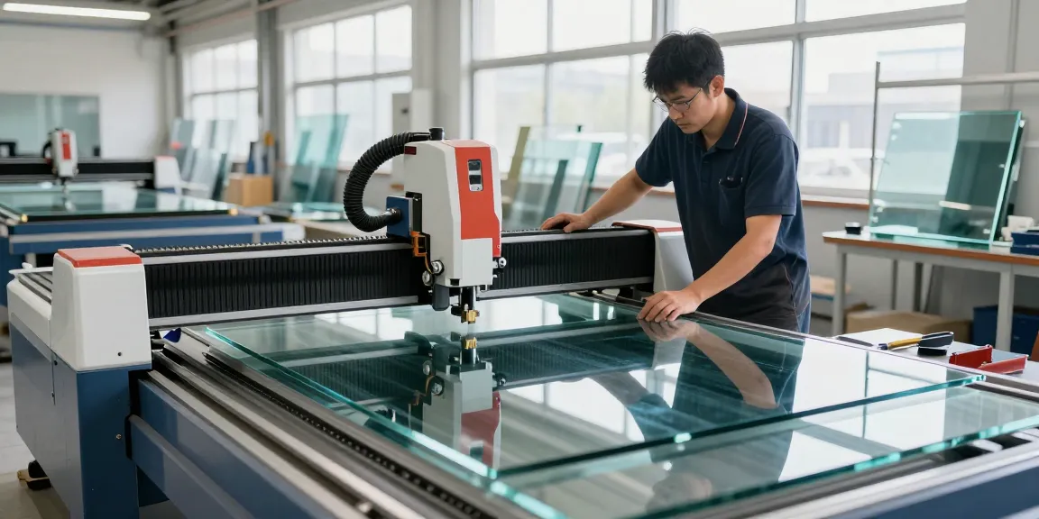 CNC glass cutting machine in action as technician precisely cuts glass sheets in a bright workshop environment.