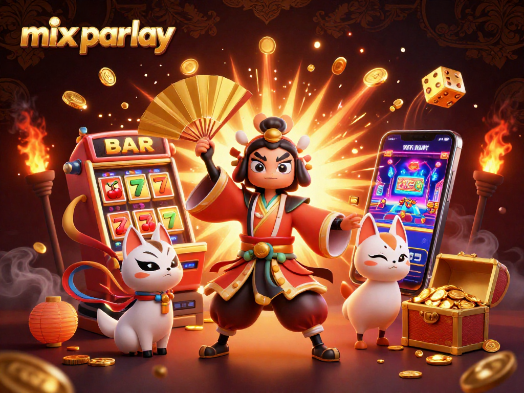 Experience mix parlay excitement with a kabuki warrior, kitsune mask, and vibrant casino elements.