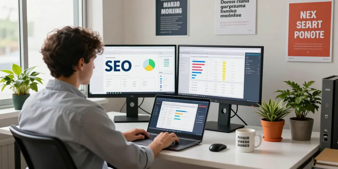 Get Ai visibility on your website with a marketing professional analyzing SEO strategies in a modern workspace.