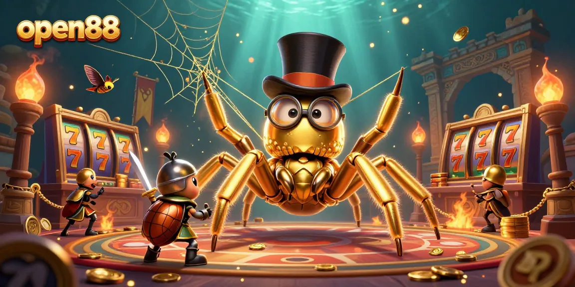 Join the exciting adventures at open88 with a dynamic casino scene featuring a golden tarantula and brave beetle knight.