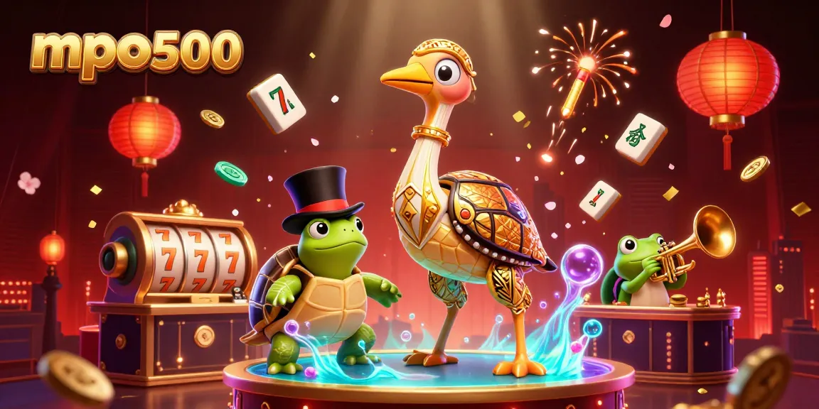 MPO500 showcases an energetic casino scene featuring characters and slot symbols, celebrating vibrant gaming excitement.
