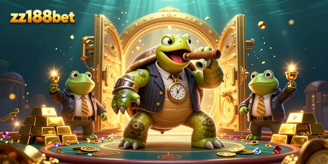 Join the fun at zz188bet with a dynamic casino scene featuring a turtle mobster and frog enforcers.