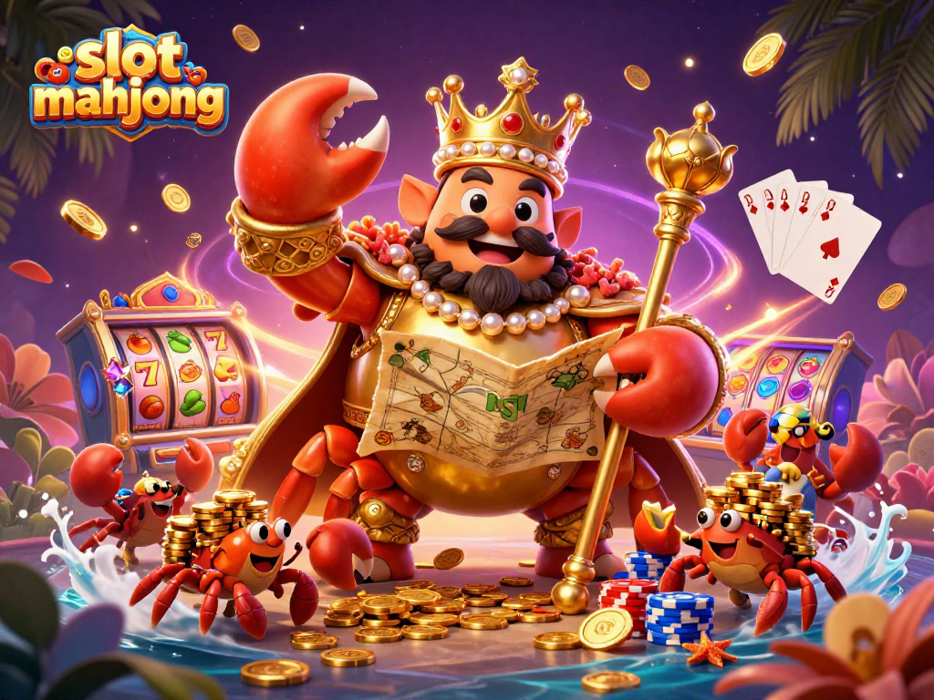 Menangkan slot mahjong dengan ratu krustasea emas yang memegang scepter yang megah dan peta harta karun.