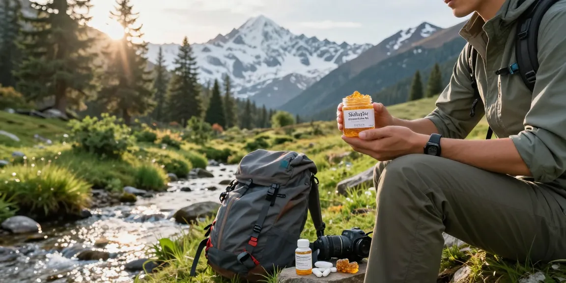Holding Shilajit Australia resin in the Himalayas for natural wellness.