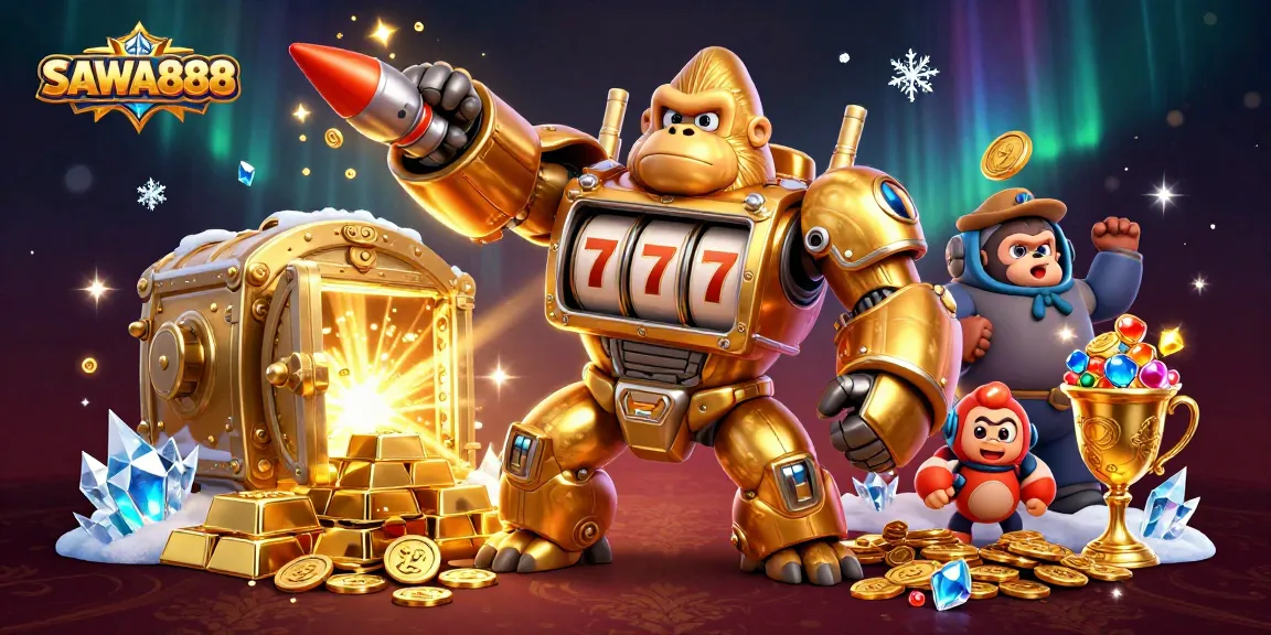 Experience SAWA888's thrilling slots adventure with a golden mech character amid a wealth of treasures.