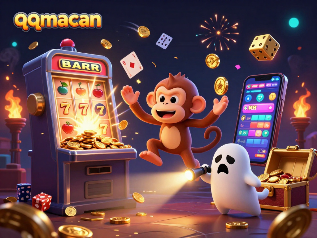 Experience thrilling gameplay at qqmacan with a 3D illustration of a monkey and puppy in a casino setting.