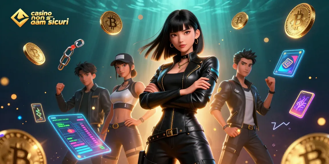 Interagisci con i migliori casinò non AAMS sicuri che mostrano emozionanti elementi crypto in un'arte digitale vibrante.