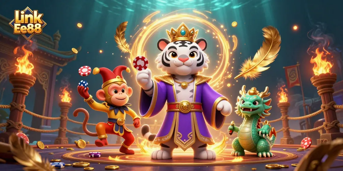 Experience the excitement at link Ee88 with a dynamic casino illustration showcasing a white tiger, monkey, and jade dragon.