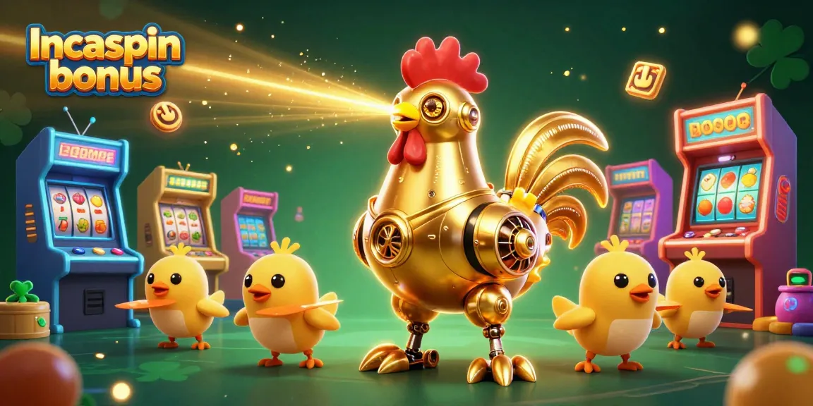 Experience the excitement of the Incaspin bonus with a dynamic scene of a futuristic golden rooster robot and baby chick drones.
