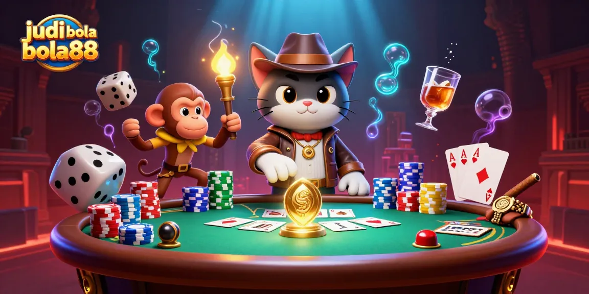 Mengamati judi bola bola88 dengan kucing penjelajah dan monyet di kasino kuno, dikelilingi elemen taruhan.