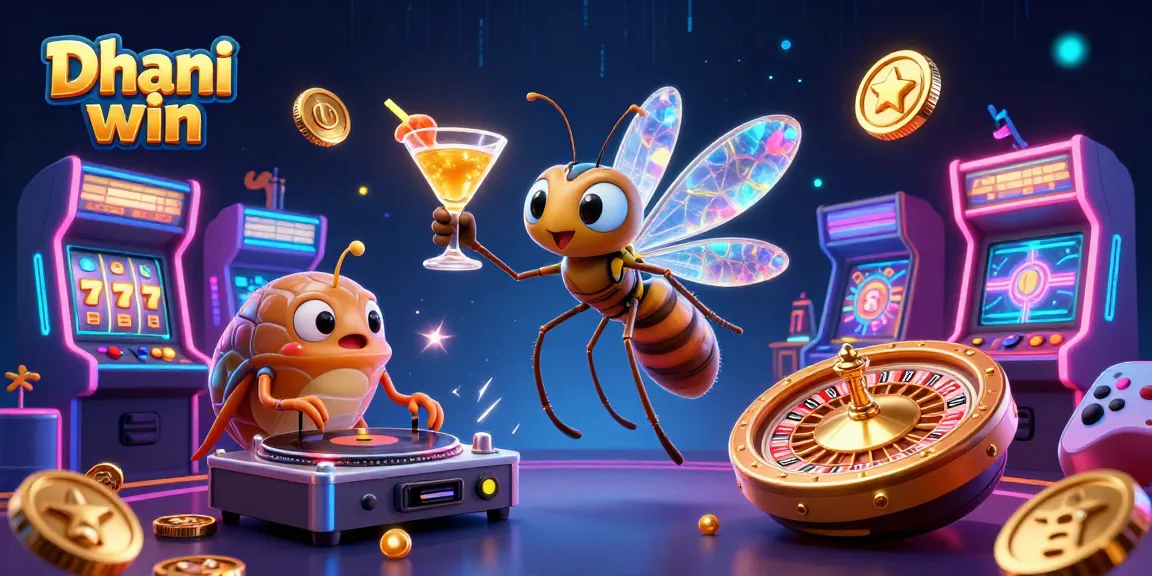 Play exciting games and win with the vibrant Dhani win casino illustration featuring unique characters and gaming elements.