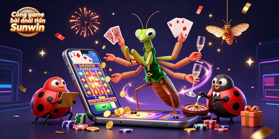 Cổng game bài đổi thưởng Sunwin showcases a vibrant 3D casino scene with a giant mantis and ladybug, amidst festive gaming elements.