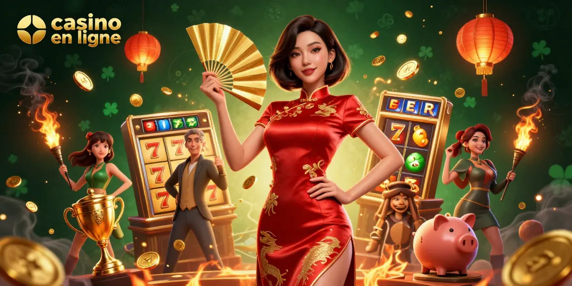 Découvrez un gameplay vibrant avec une femme confiante promouvant le casino en ligne, entourée d'éléments de machines à sous.