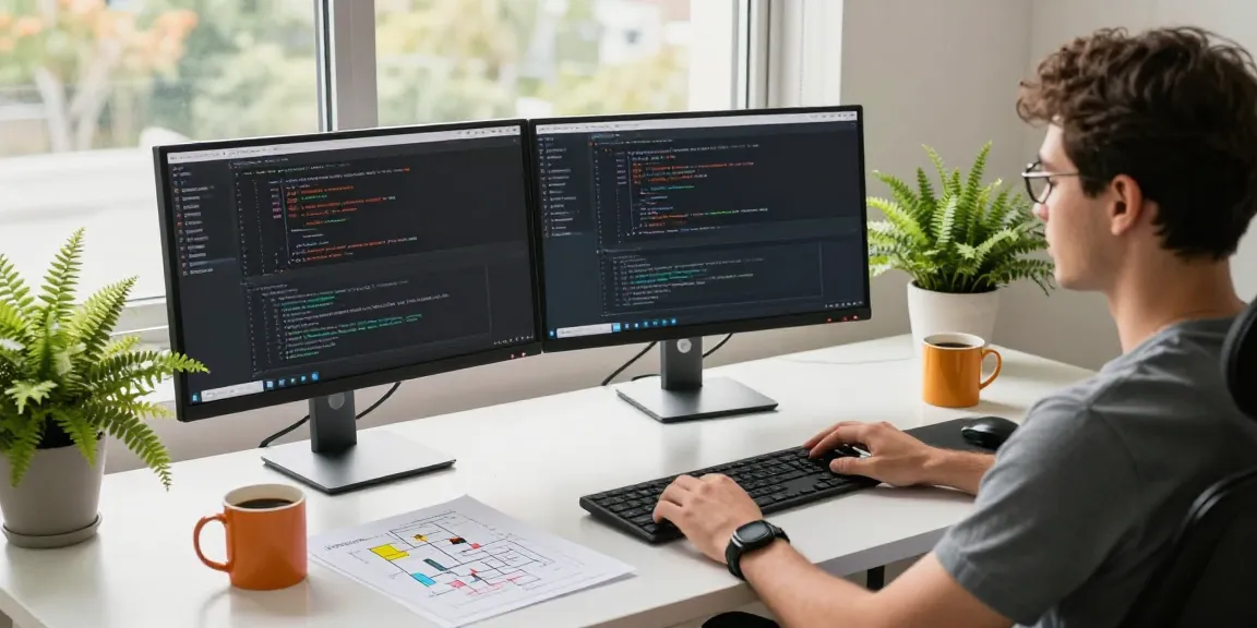 Developer using 纸飞机中文版 on dual monitors in a modern workspace