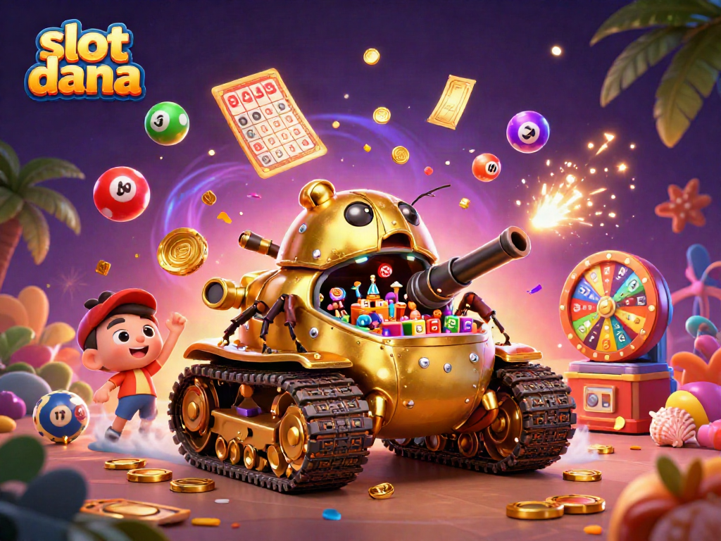 Slot dana dengan mesin slot dan elemen berwarna-warni menambah semangat permainan di kasino digital.