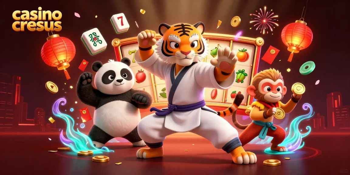 Le Casino Cresus présente un tigre cartoon maître au milieu des rouleaux de machines à sous et des éléments de jeu festifs, tous animés et en action.