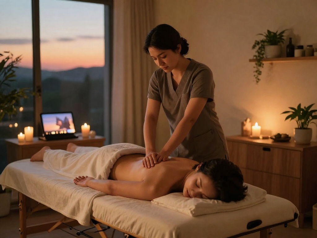 Therapist providing 출장안마 in a serene home environment with calming elements.