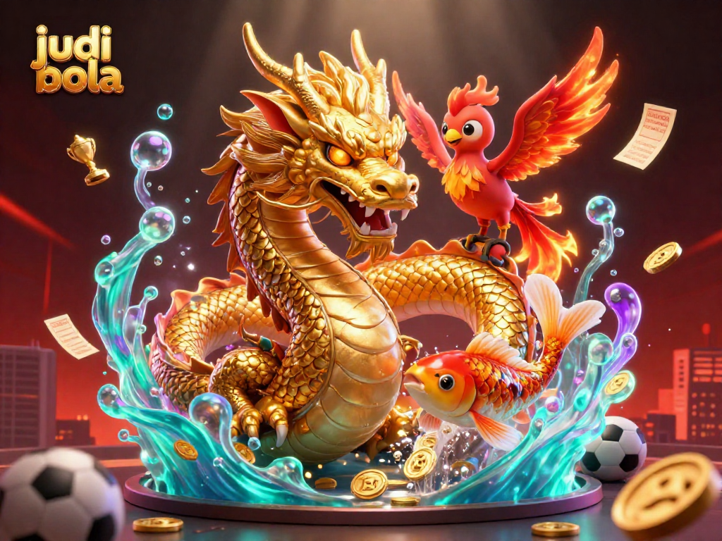 Engage in judi bola with exciting sports elements, featuring a dragon, phoenix, and koi fish.