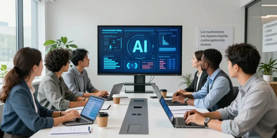 Team discussing what are the benefits of AI in a modern office environment with data visualizations and teamwork.