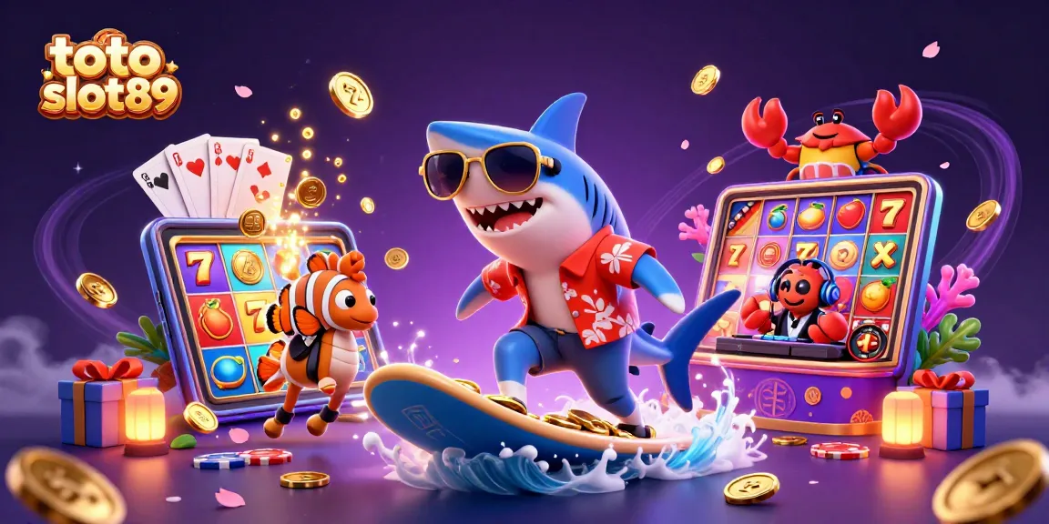Engage with thrilling gaming action at toto slot89, featuring lively characters surfing on golden coins.