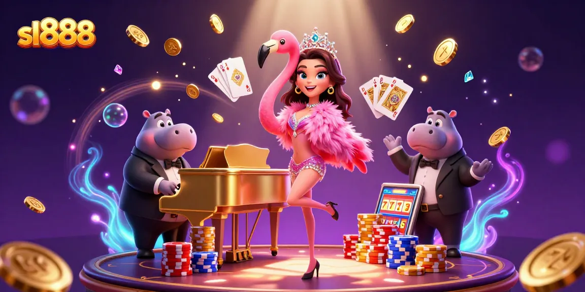 Experience slot excitement with sl888 in a vibrant casino scene featuring lively characters and game elements.