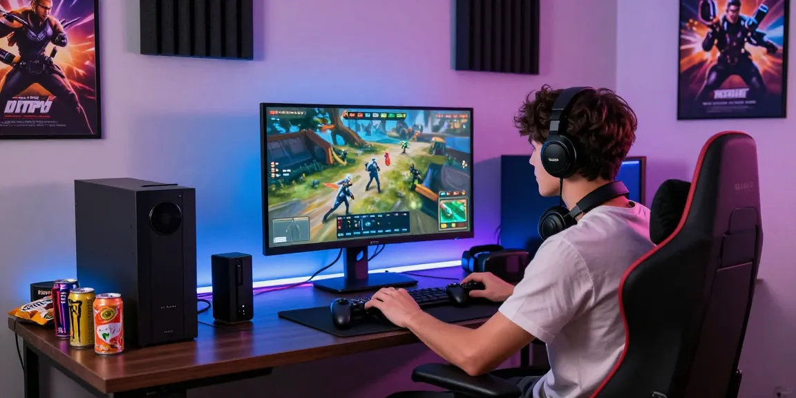 Immersive pakde4d gaming scene with a focused gamer, dynamic interface, and stylish room setup.